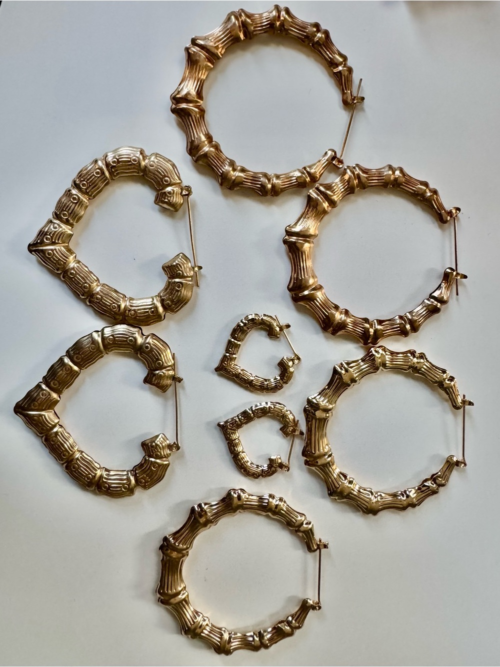 Gold Bamboo-Style Hoop + Heart Earrings Set - 4 Pairs